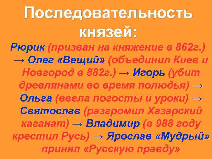 Последовательность князей: Рюрик (призван на княжение в 862 г. ) → Олег «Вещий» (объединил