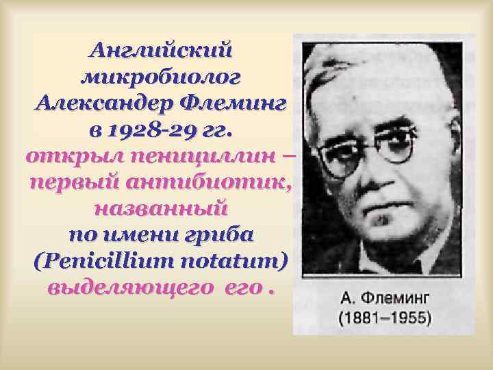 Английский микробиолог Александер Флеминг в 1928 -29 гг. открыл пенициллин – первый антибиотик, названный