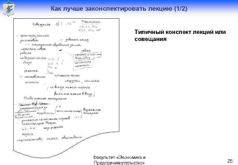 Как лучше законспектировать лекцию (1/2) Типичный конспект лекций или совещания Голлай А. В. Факультет