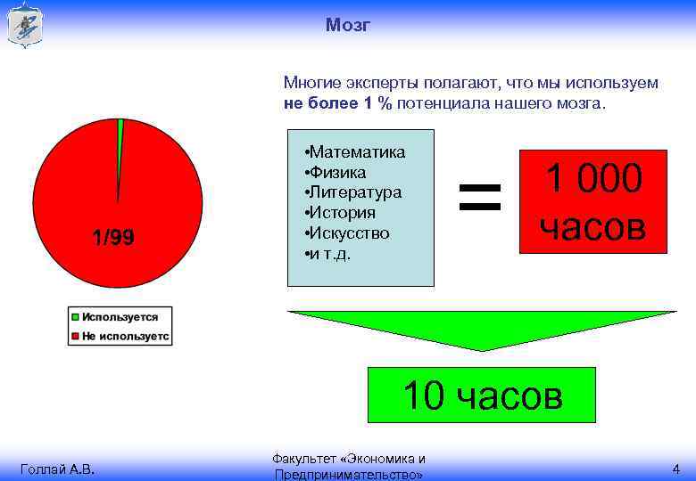 Мозг Многие эксперты полагают, что мы используем не более 1 % потенциала нашего мозга.