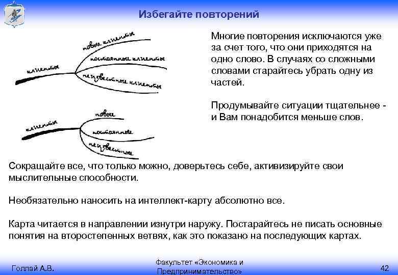 Избегайте повторений Многие повторения исключаются уже за счет того, что они приходятся на одно