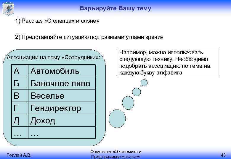 Варьируйте Вашу тему 1) Рассказ «О слепцах и слоне» 2) Представляйте ситуацию под разными