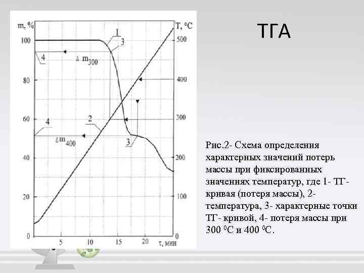 ТГА Рис. 2 - Схема определения характерных значений потерь массы при фиксированных значениях температур,