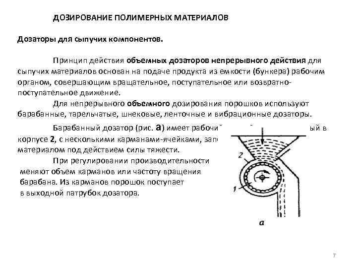 ДОЗИРОВАНИЕ ПОЛИМЕРНЫХ МАТЕРИАЛОВ Дозаторы для сыпучих компонентов. Принцип действия объемных дозаторов непрерывного действия для