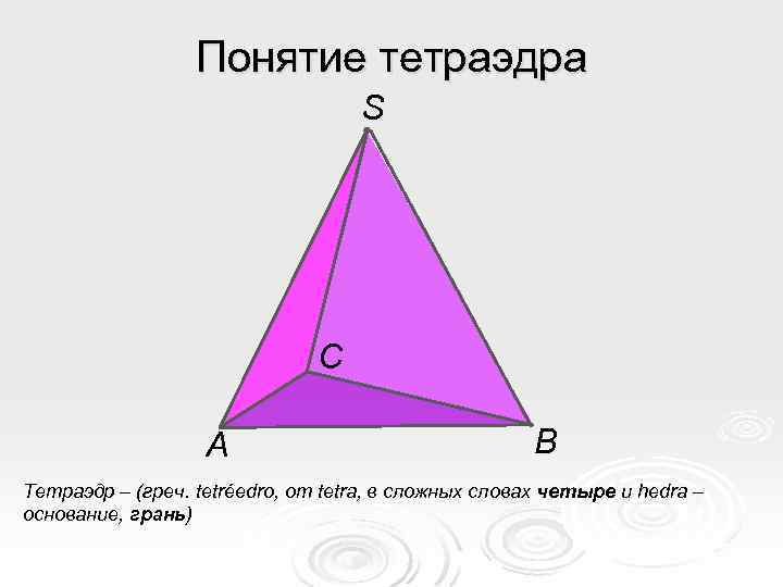 Понятие тетраэдра S С А В Тетраэдр – (греч. tetréedro, от tetra, в сложных