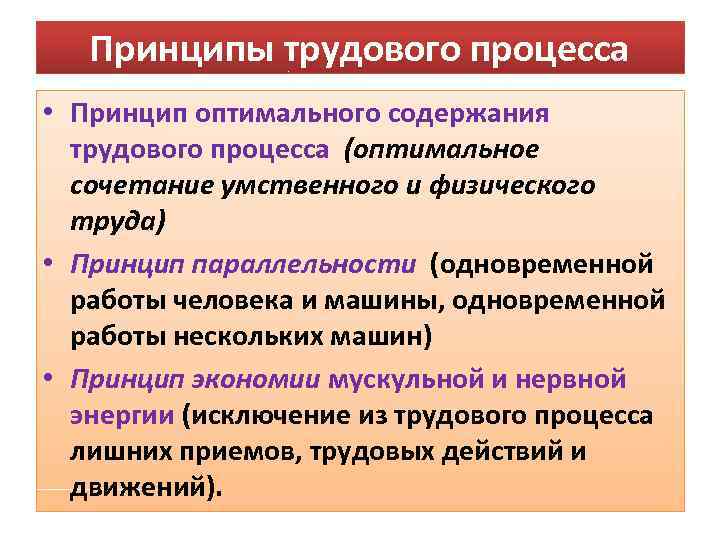 Принципы трудового процесса • Принцип оптимального содержания трудового процесса (оптимальное сочетание умственного и физического