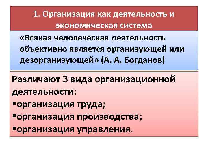 1. Организация как деятельность и экономическая система «Всякая человеческая деятельность объективно является организующей или