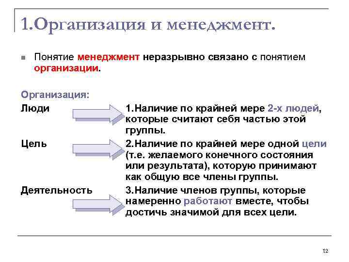 1. Организация и менеджмент. n Понятие менеджмент неразрывно связано с понятием организации. Организация: Люди