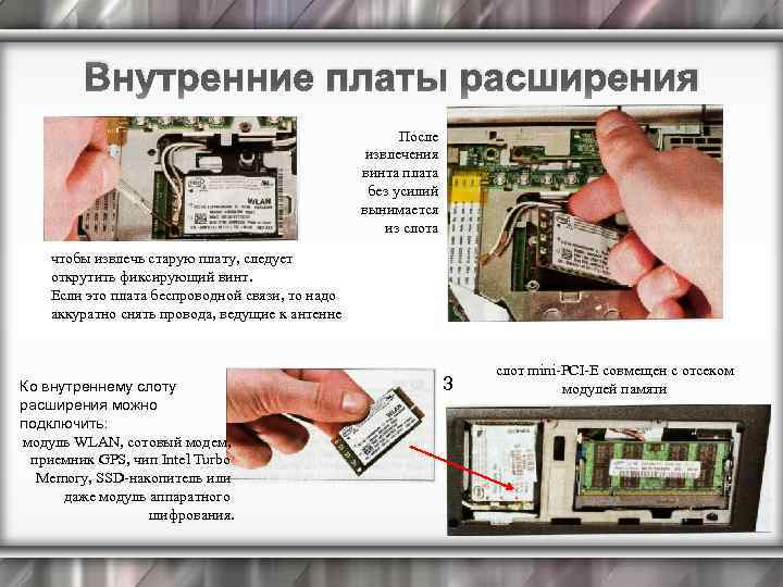 Внутренние платы расширения После извлечения винта плата без усилий вынимается из слота чтобы извлечь