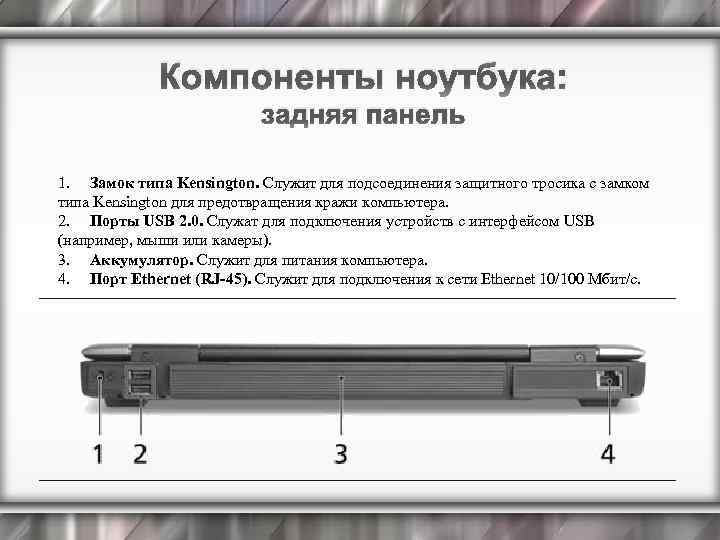 Компоненты ноутбука: задняя панель 1. Замок типа Kensington. Служит для подсоединения защитного тросика с