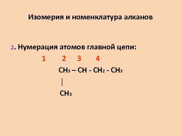 Изомерия и номенклатура алканов 2. Нумерация атомов главной цепи: 1 2 3 4 CH