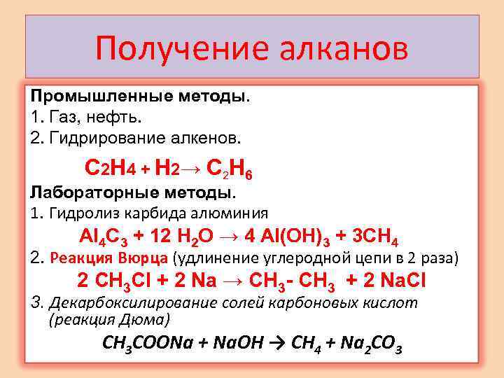 Получение алканов Промышленные методы. 1. Газ, нефть. 2. Гидрирование алкенов. C 2 H 4