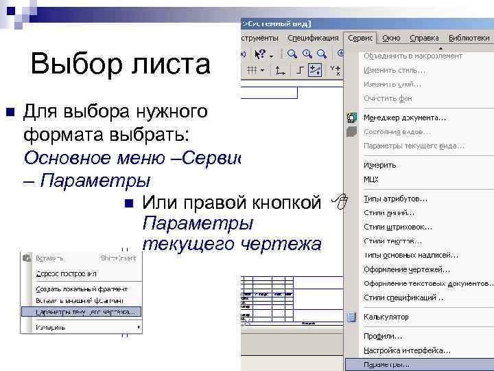 Выбор листа n Для выбора нужного формата выбрать: Основное меню –Сервис – Параметры n