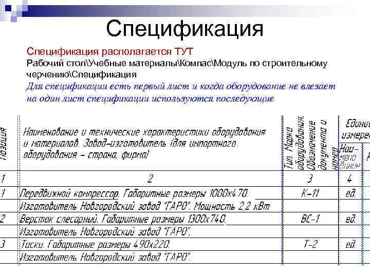 Спецификация располагается ТУТ Рабочий столУчебные материалыКомпасМодуль по строительному черчениюCпецификация Для спецификации есть первый лист