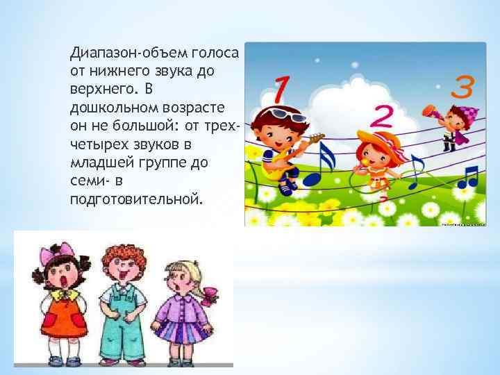 Диапазон-объем голоса от нижнего звука до верхнего. В дошкольном возрасте он не большой: от