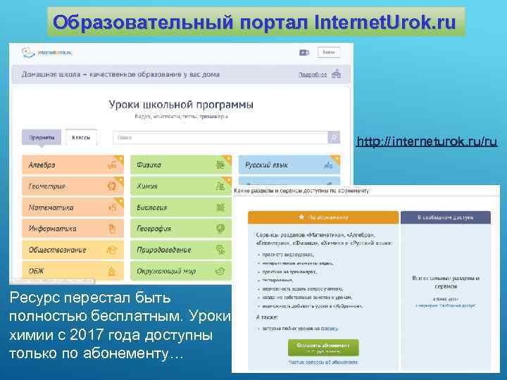 Образовательный портал Internet. Urok. ru http: //interneturok. ru/ru Ресурс перестал быть полностью бесплатным. Уроки