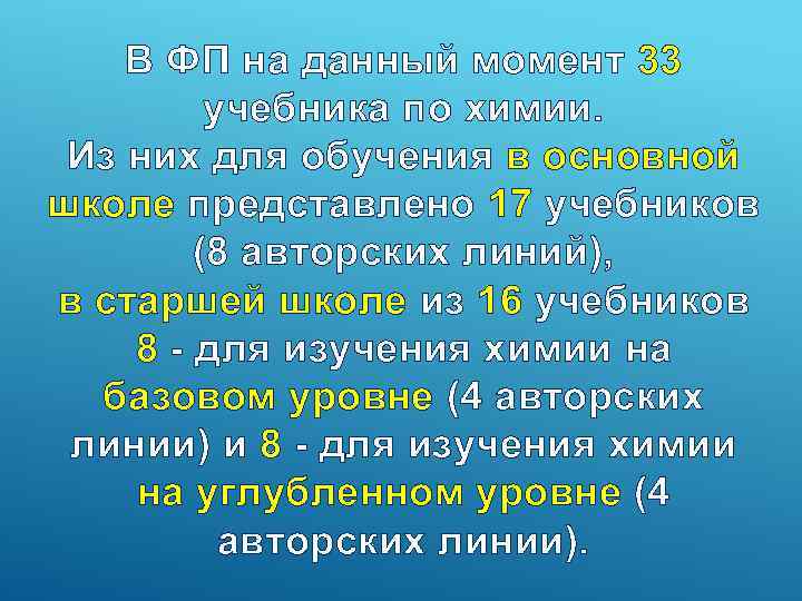 В ФП на данный момент 33 учебника по химии. Из них для обучения в