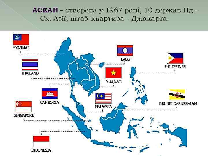 АСЕАН – створена у 1967 році, 10 держав Пд. Сх. Азії, штаб-квартира - Джакарта.