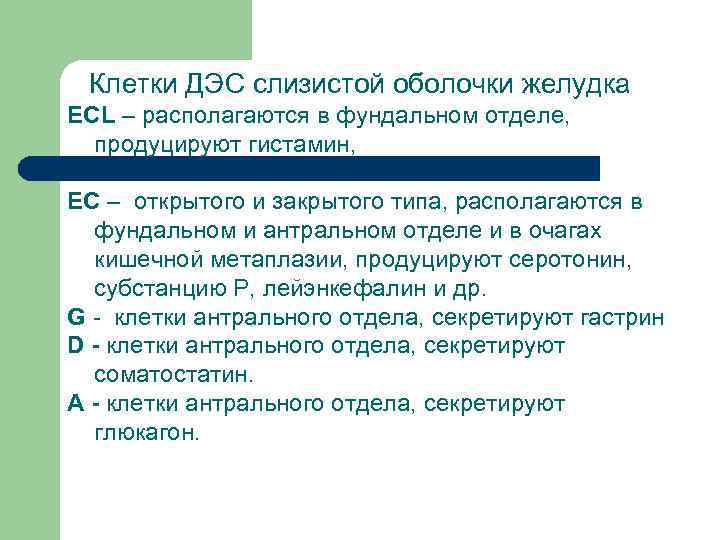 Клетки ДЭС слизистой оболочки желудка ECL – располагаются в фундальном отделе, продуцируют гистамин, EC