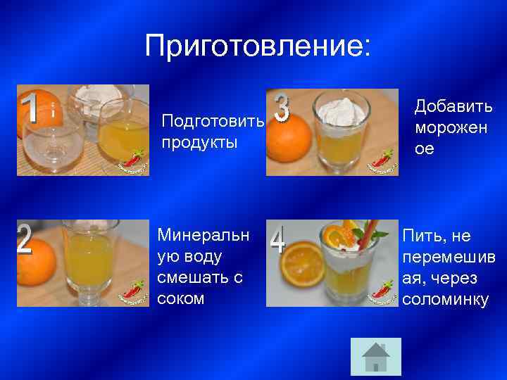 Приготовление: Подготовить продукты Минеральн ую воду смешать с соком Добавить морожен ое Пить, не