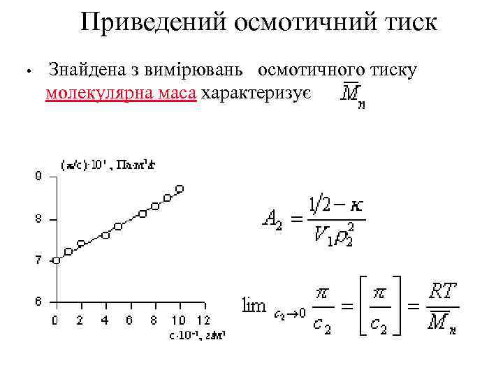 Приведений осмотичний тиск • Знайдена з вимірювань осмотичного тиску молекулярна маса характеризує 