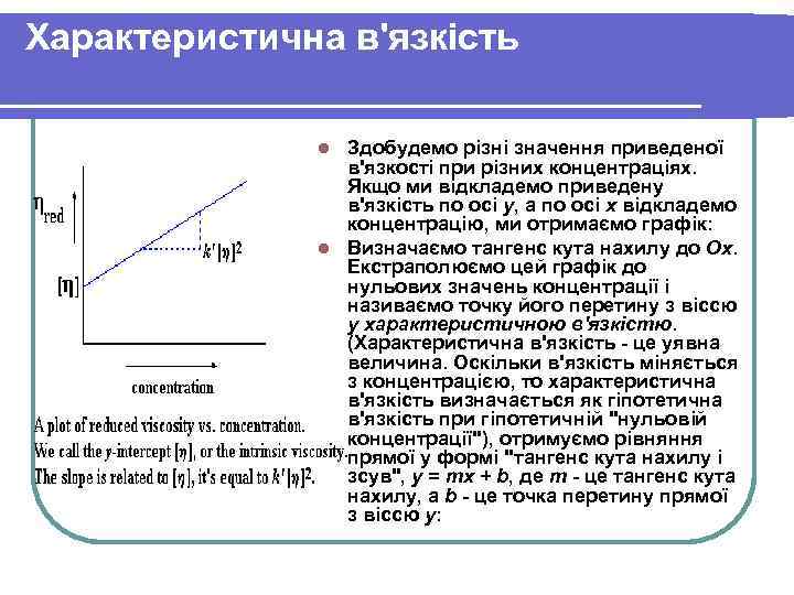 Характеристична в'язкість Здобудемо різні значення приведеної в'язкості при різних концентраціях. Якщо ми відкладемо приведену