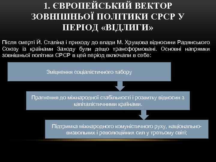 1. ЄВРОПЕЙСЬКИЙ ВЕКТОР ЗОВНІШНЬОЇ ПОЛІТИКИ СРСР У ПЕРІОД «ВІДЛИГИ» Після смерті Й. Сталіна і