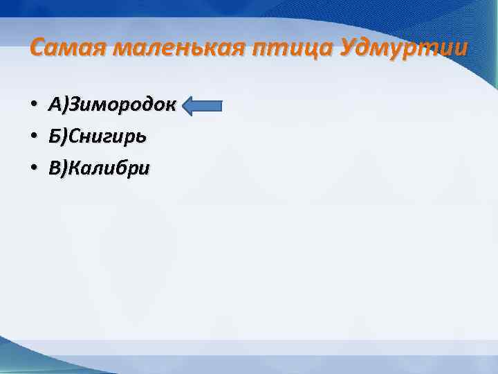 Самая маленькая птица Удмуртии • • • А)Зимородок Б)Снигирь В)Калибри 