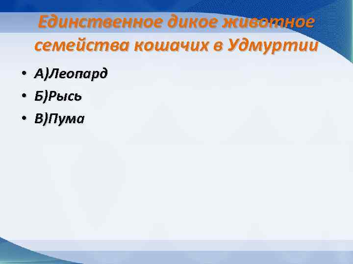 Единственное дикое животное семейства кошачих в Удмуртии • • • А)Леопард Б)Рысь В)Пума 