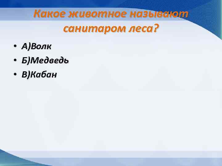 Какое животное называют санитаром леса? • • • А)Волк Б)Медведь В)Кабан 