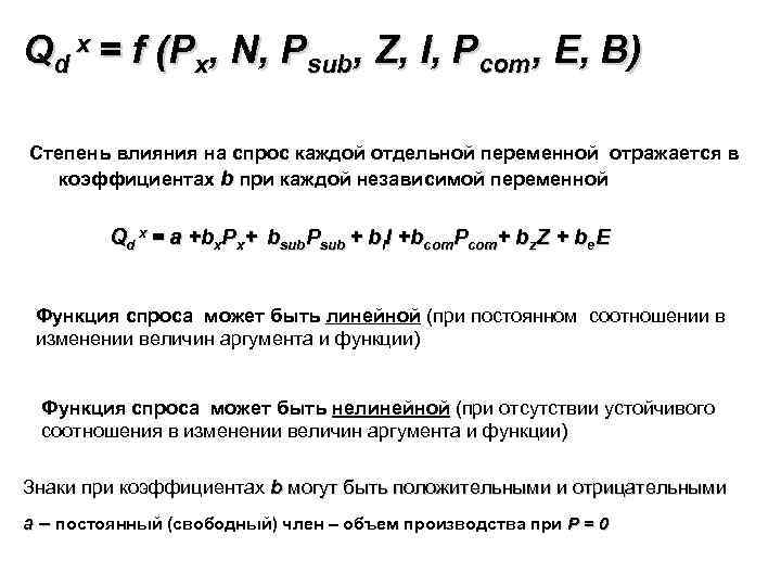 Qd x = f (Px, N, Psub, Z, I, Pcom, E, B) Степень влияния