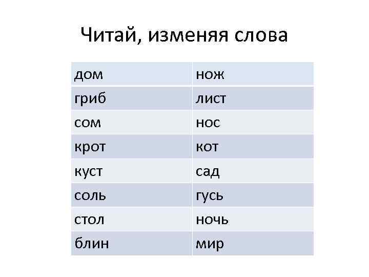 Читай, изменяя слова дом гриб сом крот куст соль стол блин нож лист нос