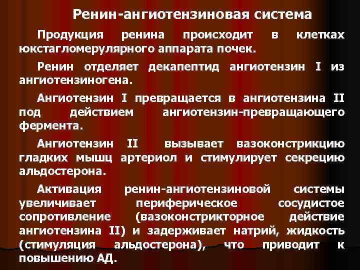 Ренин-ангиотензиновая система Продукция ренина происходит юкстагломерулярного аппарата почек. в клетках Ренин отделяет декапептид ангиотензин