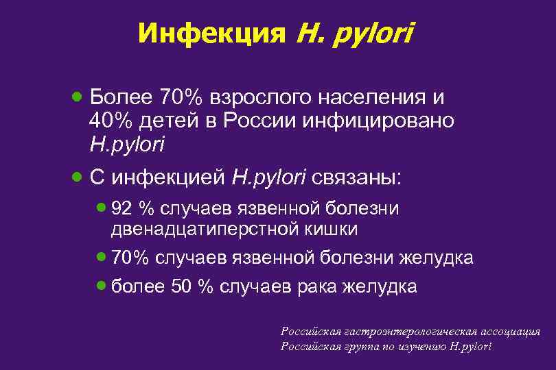 Инфекция H. pylori · Более 70% взрослого населения и 40% детей в России инфицировано