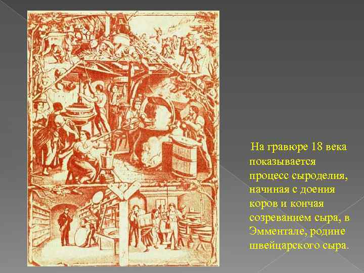 На гравюре 18 века показывается процесс сыроделия, начиная с доения коров и кончая созреванием