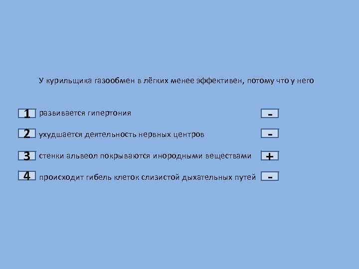 1 2 3 4 У курильщика газообмен в лёгких менее эффективен, потому что у