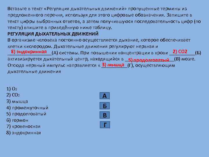 Вставьте в текст «Регуляция дыхательных движений» пропущенные термины из предложенного перечня, используя для этого