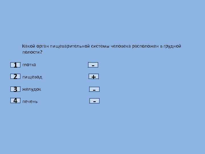 1 2 3 4 Какой орган пищеварительной системы человека расположен в грудной полости? глотка