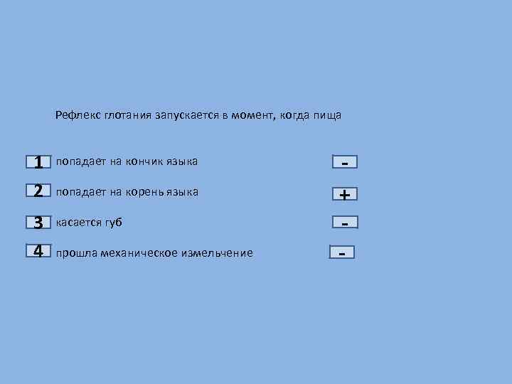 1 2 3 4 Рефлекс глотания запускается в момент, когда пища попадает на кончик