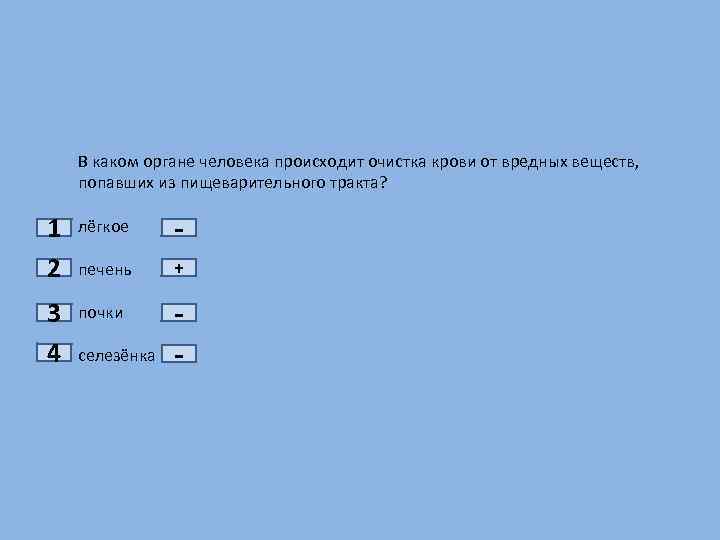 1 2 3 4 В каком органе человека происходит очистка крови от вредных веществ,