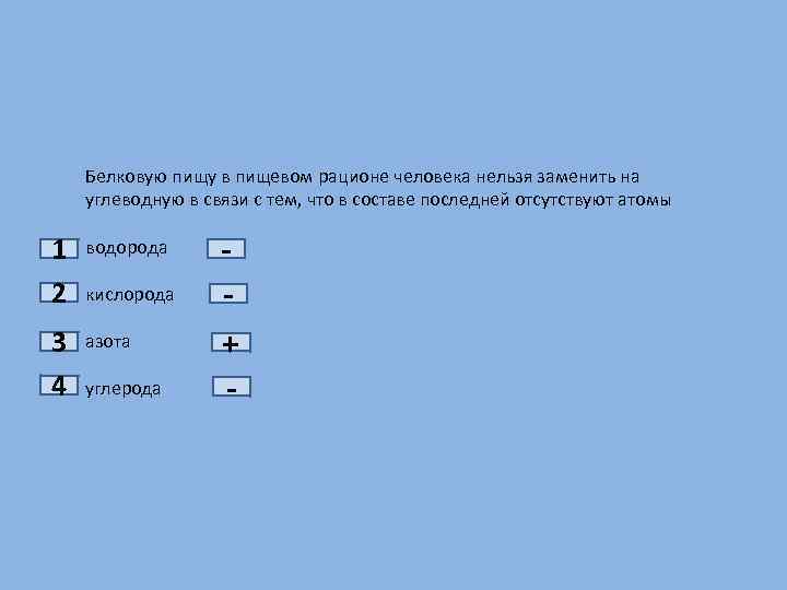 1 2 3 4 Белковую пищу в пищевом рационе человека нельзя заменить на углеводную