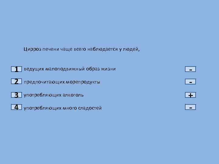 1 2 3 4 Цирроз печени чаще всего наблюдается у людей, ведущих малоподвижный образ
