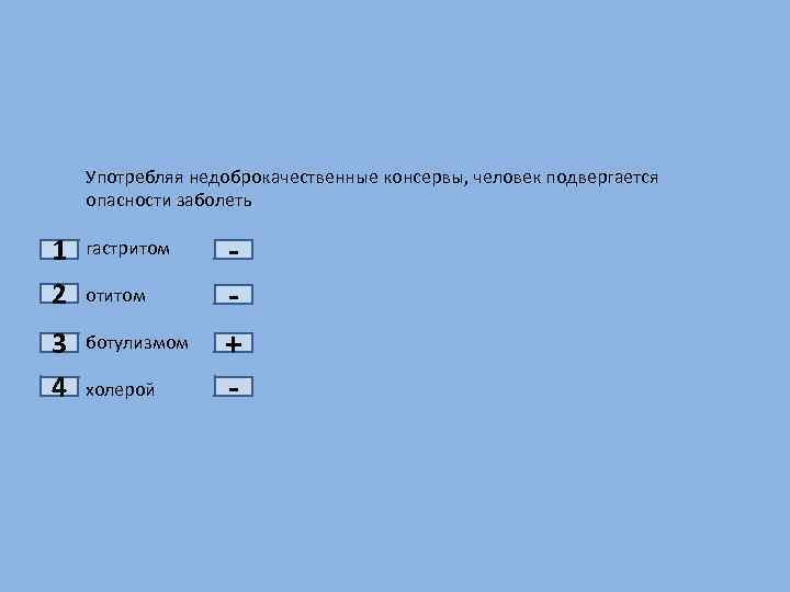 1 2 3 4 Употребляя недоброкачественные консервы, человек подвергается опасности заболеть гастритом отитом ботулизмом