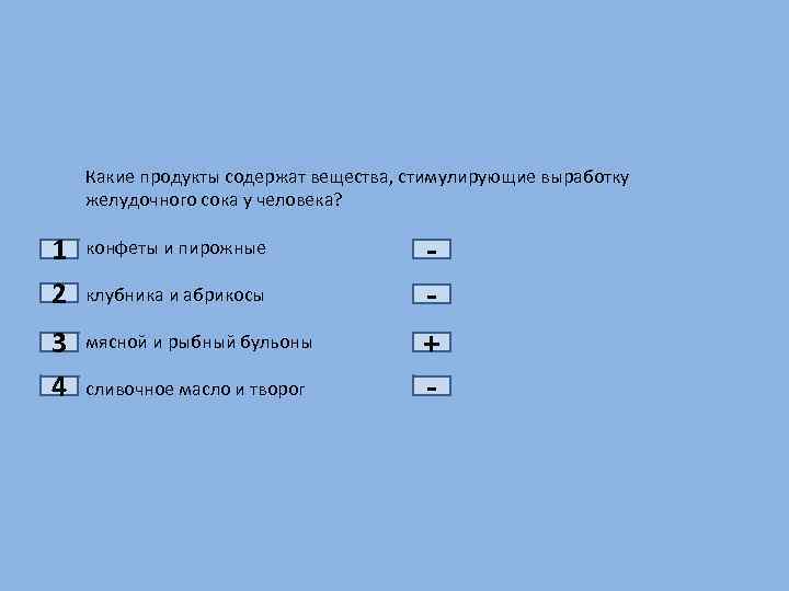 1 2 3 4 Какие продукты содержат вещества, стимулирующие выработку желудочного сока у человека?