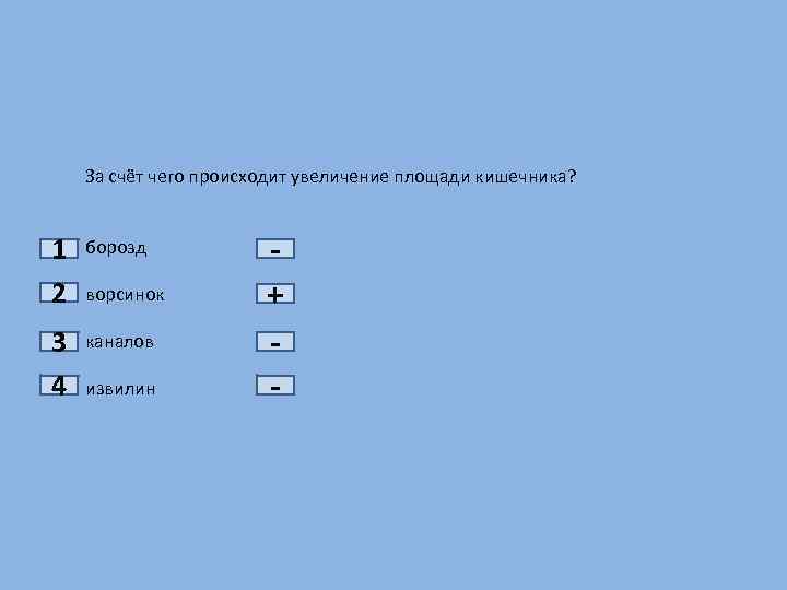 1 2 3 4 За счёт чего происходит увеличение площади кишечника? борозд ворсинок каналов
