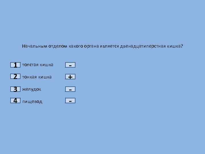 1 2 3 4 Начальным отделом какого органа является двенадцатиперстная кишка? толстая кишка тонкая