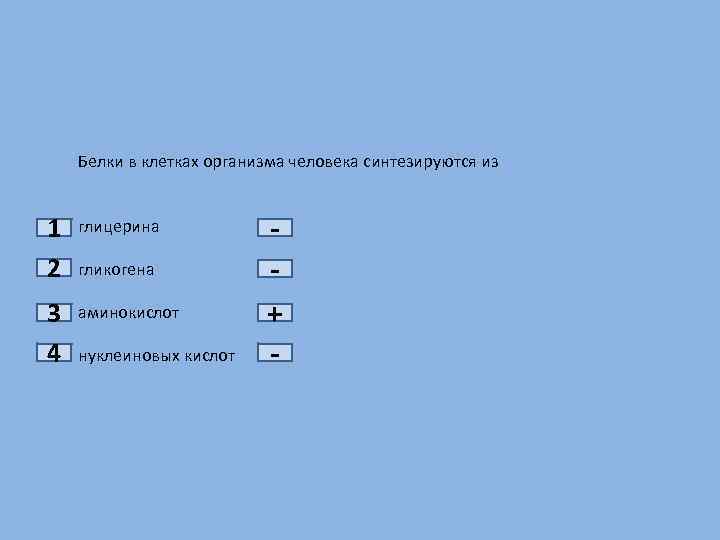 1 2 3 4 Белки в клетках организма человека синтезируются из глицерина гликогена аминокислот