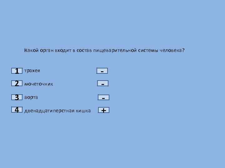 1 2 3 4 Какой орган входит в состав пищеварительной системы человека? трахея мочеточник