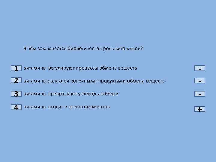 В чём заключается биологическая роль витаминов? 1 2 витамины регулируют процессы обмена веществ 3