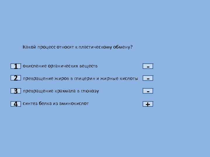 Какой процесс относят к пластическому обмену? 1 2 окисление органических веществ 3 превращение крахмала